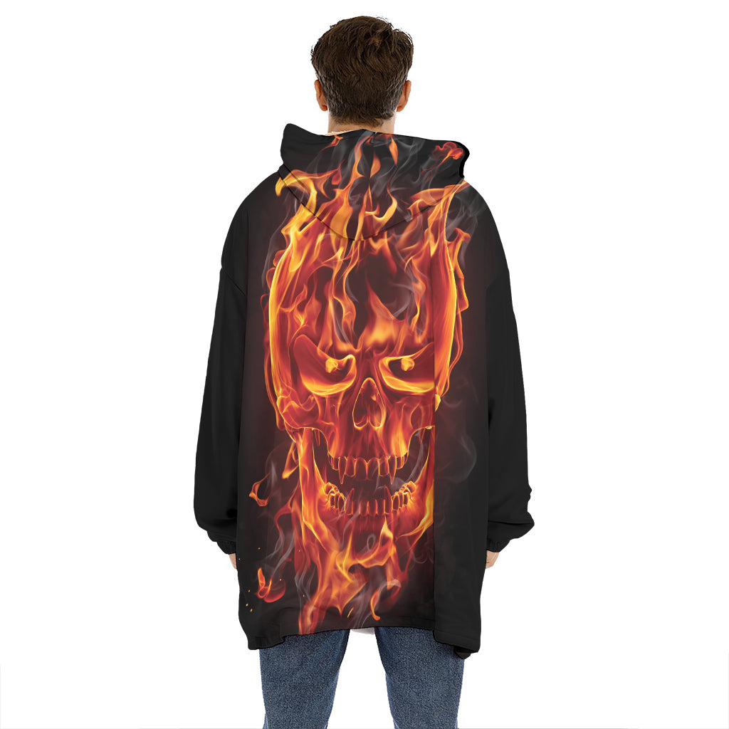 Flaming Evil Skull Print Hoodie Blanket