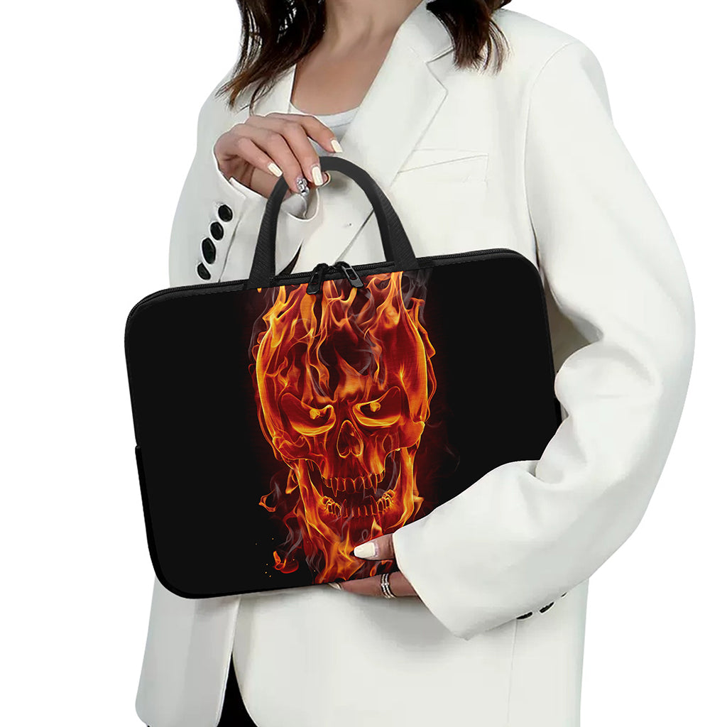 Flaming Evil Skull Print Laptop Sleeve With Handle