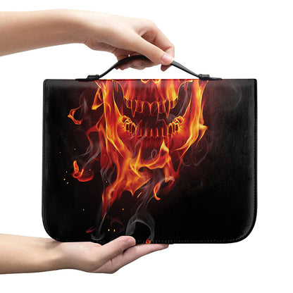 Flaming Evil Skull Print Leather Bible Cover