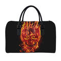 Flaming Evil Skull Print Leather Duffel Bag