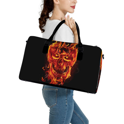 Flaming Evil Skull Print Leather Duffle Bag