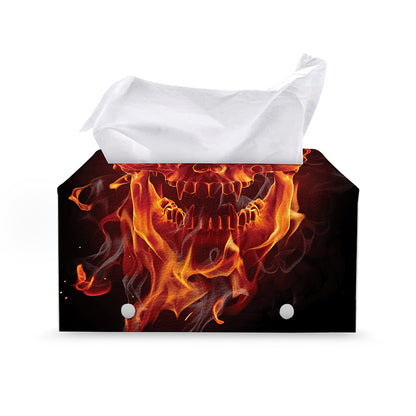Flaming Evil Skull Print Leather Tissue Box Cover