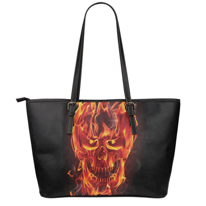 Flaming Evil Skull Print Leather Tote Bag