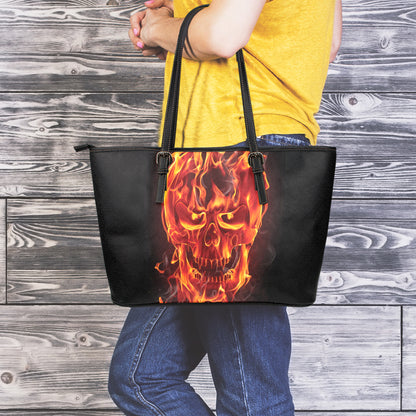 Flaming Evil Skull Print Leather Tote Bag