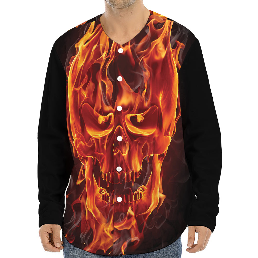 Flaming Evil Skull Print Long Sleeve Baseball Jersey