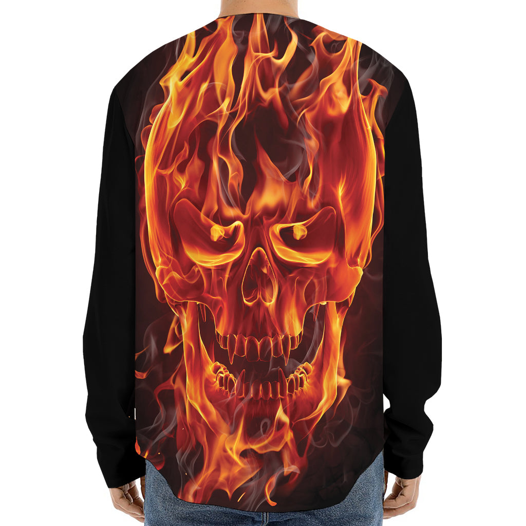 Flaming Evil Skull Print Long Sleeve Baseball Jersey