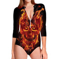 Flaming Evil Skull Print Long Sleeve Swimsuit