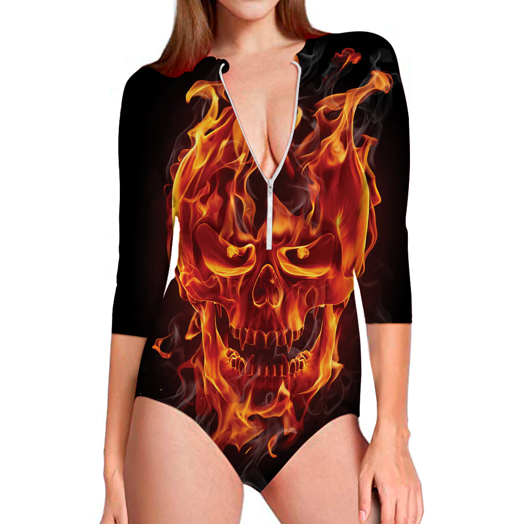 Flaming Evil Skull Print Long Sleeve Swimsuit