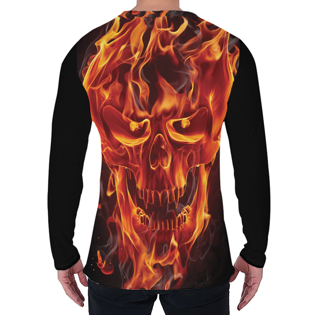 Flaming Evil Skull Print Men's Long Sleeve T-Shirt