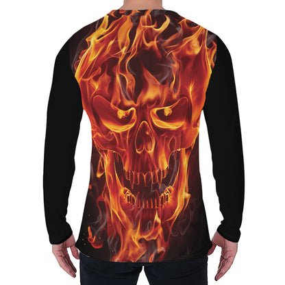 Flaming Evil Skull Print Men's Long Sleeve T-Shirt