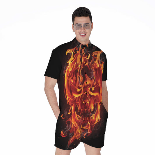 Flaming Evil Skull Print Men's Rompers