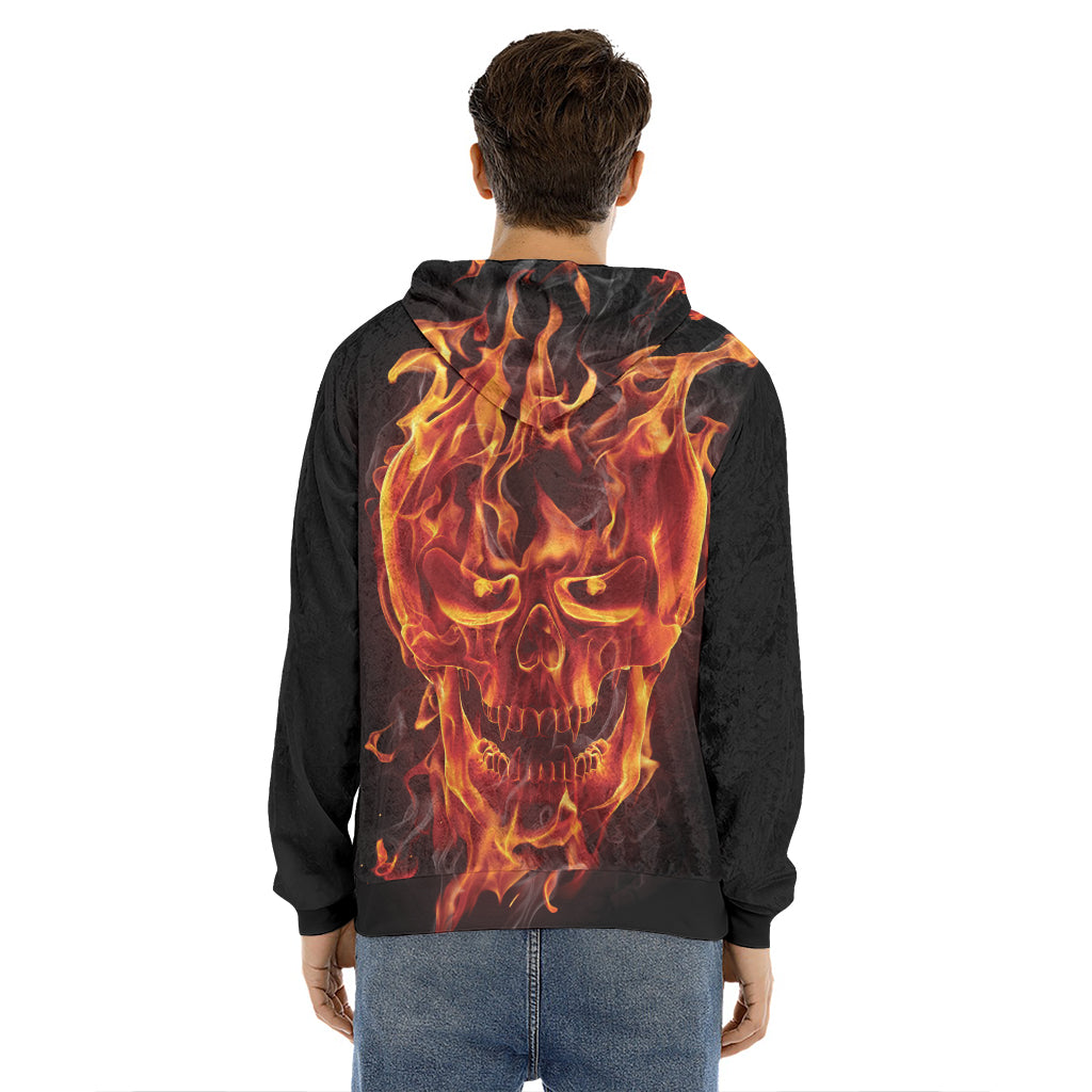 Flaming Evil Skull Print Men's Velvet Pullover Hoodie