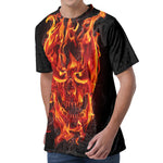 Flaming Evil Skull Print Men's Velvet T-Shirt