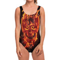 Flaming Evil Skull Print One Piece Swimsuit