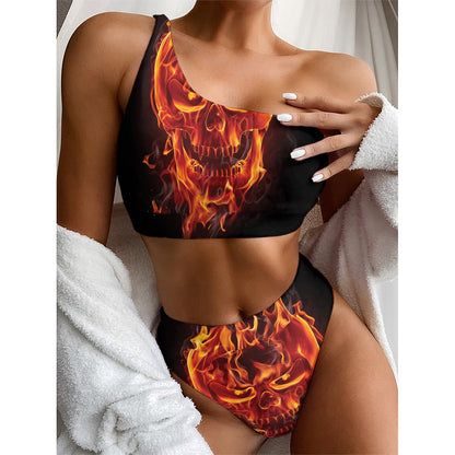 Flaming Evil Skull Print One Shoulder Bikini Top
