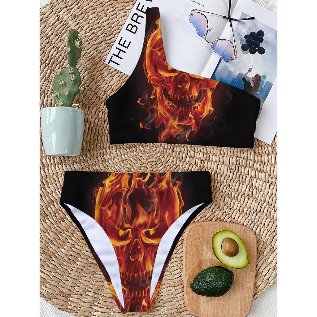 Flaming Evil Skull Print One Shoulder Bikini Top