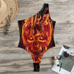 Flaming Evil Skull Print One Shoulder Bodysuit
