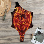 Flaming Evil Skull Print One Shoulder Bodysuit