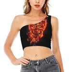 Flaming Evil Skull Print One Shoulder Crop Top
