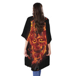 Flaming Evil Skull Print Open Front Beach Cover Up