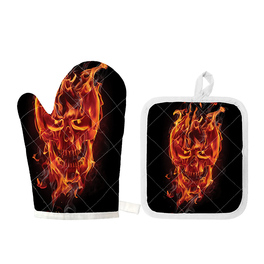 Flaming Evil Skull Print Oven Mitt And Pot Holder Set