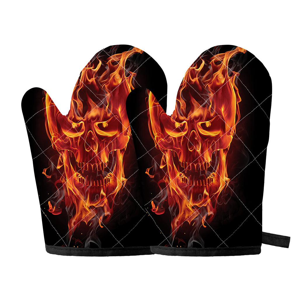 Flaming Evil Skull Print Oven Mitts