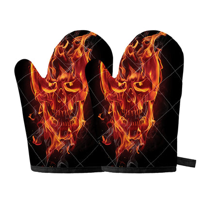 Flaming Evil Skull Print Oven Mitts