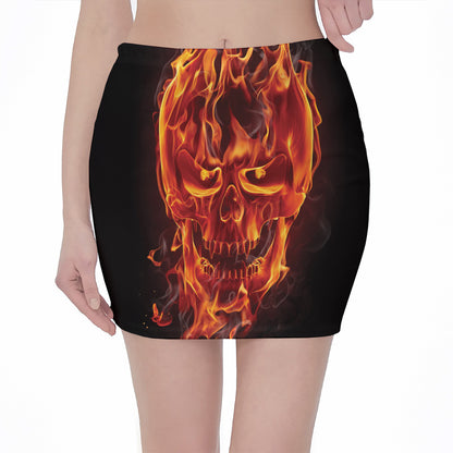 Flaming Evil Skull Print Pencil Mini Skirt