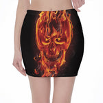Flaming Evil Skull Print Pencil Mini Skirt