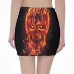 Flaming Evil Skull Print Pencil Mini Skirt