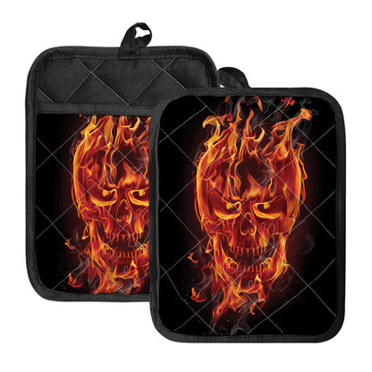 Flaming Evil Skull Print Pot Holders With Pocket