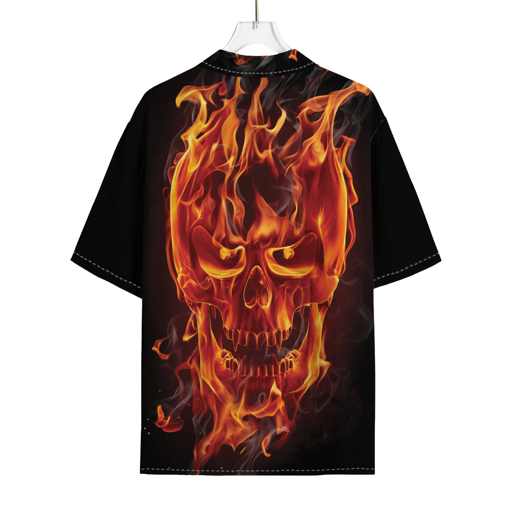 Flaming Evil Skull Print Rayon Hawaiian Shirt