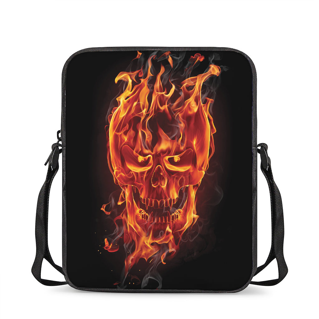 Flaming Evil Skull Print Rectangular Crossbody Bag