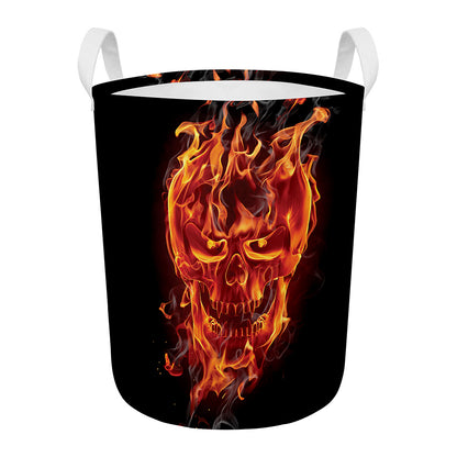 Flaming Evil Skull Print Round Laundry Basket
