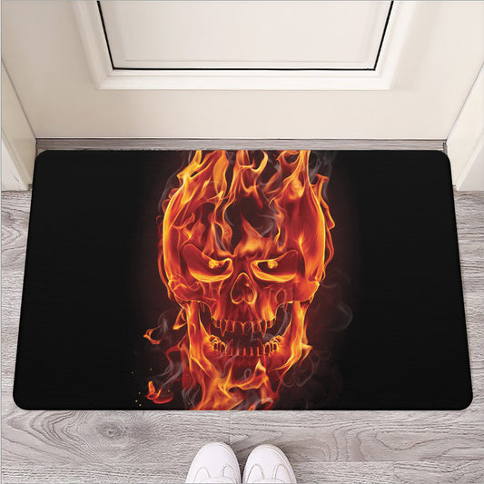 Flaming Evil Skull Print Rubber Doormat