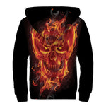 Flaming Evil Skull Print Sherpa Lined Zip Up Hoodie