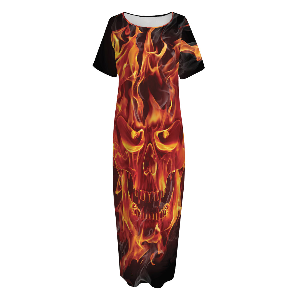 Flaming Evil Skull Print Short Sleeve Long Nightdress