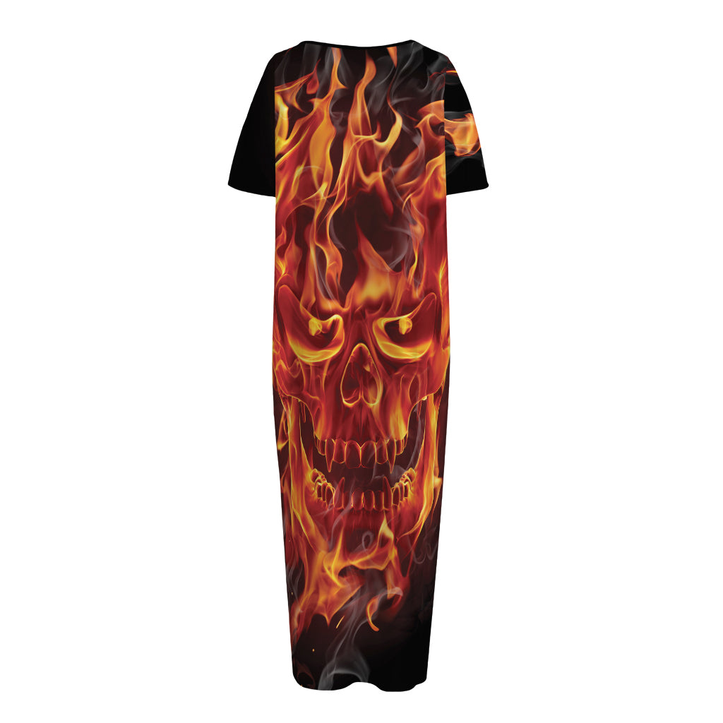 Flaming Evil Skull Print Short Sleeve Long Nightdress