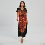 Flaming Evil Skull Print Short Sleeve Maxi Dress