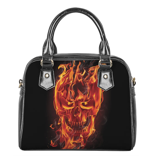 Flaming Evil Skull Print Shoulder Handbag