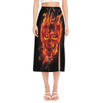 Flaming Evil Skull Print Side Slit Midi Skirt