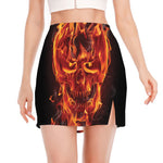 Flaming Evil Skull Print Side Slit Mini Skirt