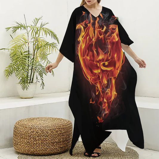 Flaming Evil Skull Print Silk V-Neck Kaftan Dress