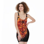 Flaming Evil Skull Print Sleeveless Bodycon Dress