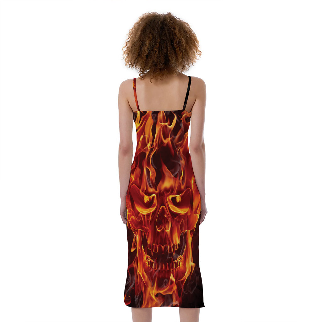 Flaming Evil Skull Print Slim Fit Midi Cami Dress