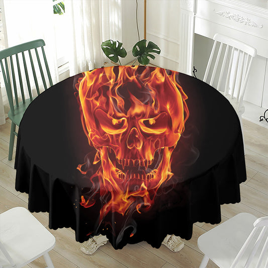 Flaming Evil Skull Print Waterproof Round Tablecloth