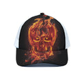 Flaming Evil Skull Print White Mesh Trucker Hat