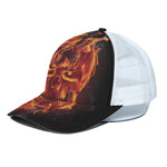 Flaming Evil Skull Print White Mesh Trucker Cap