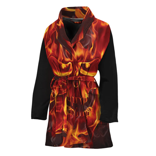 Flaming Evil Skull Print Women's Bathrobe