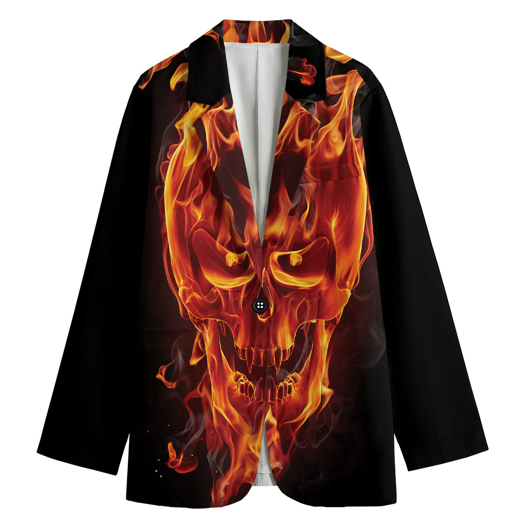 Flaming Evil Skull Print Women's Blazer